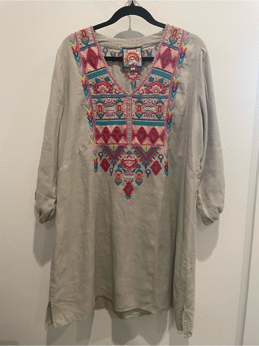Johnny Was Beige Midi Dress with Multi-Color Embroidered V-Neck